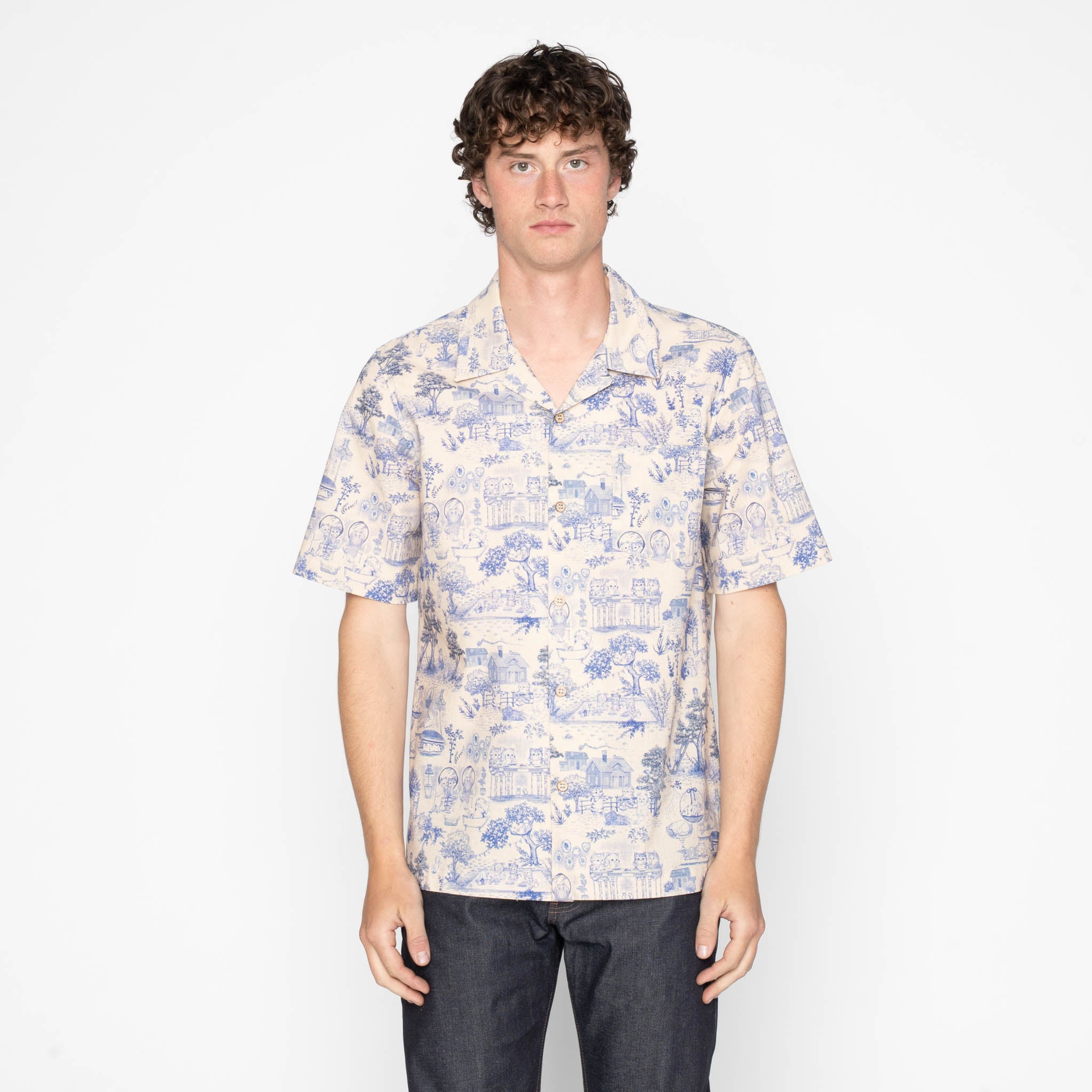 Aloha Shirt - Linen Cats - Blue by Naked & Famous Denim