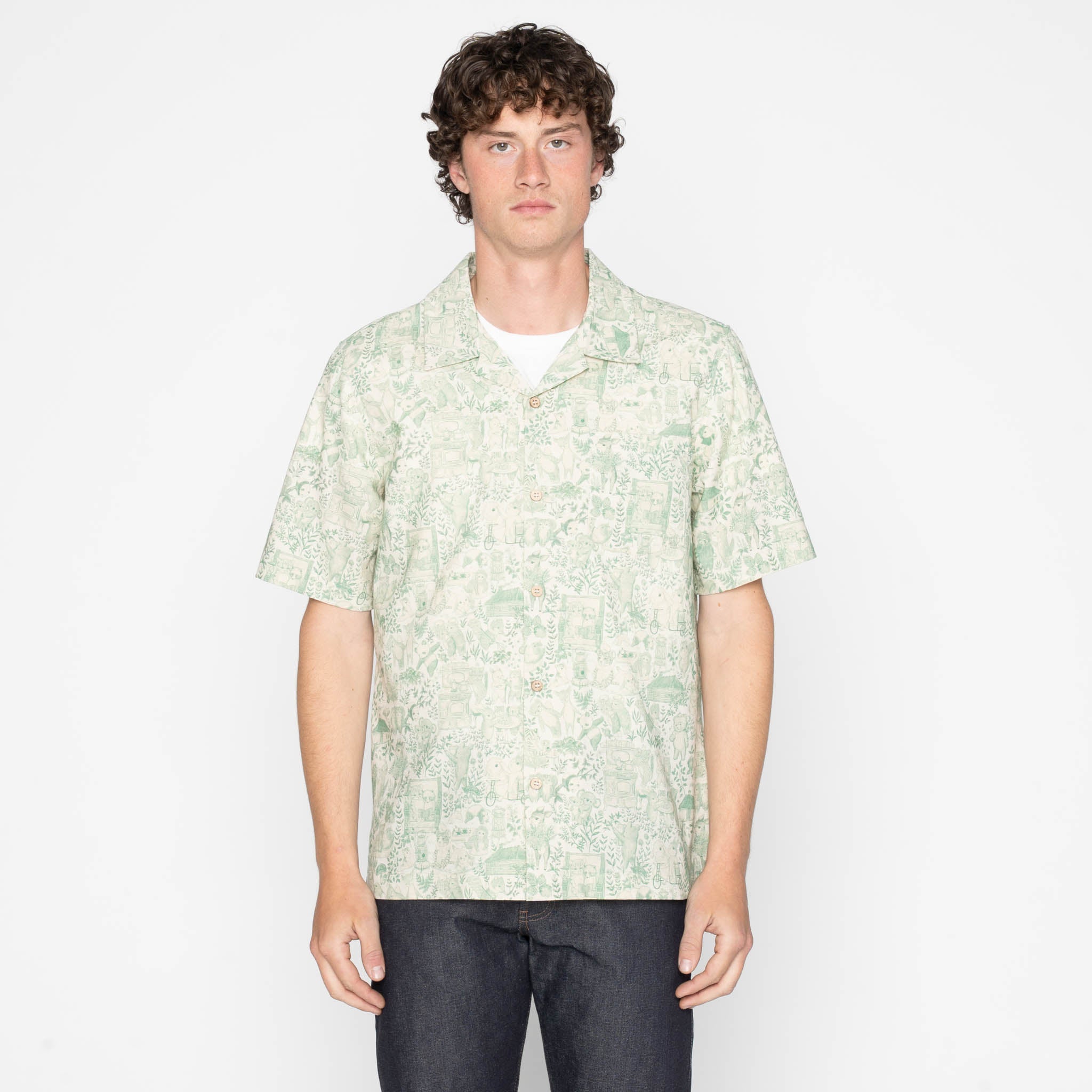 Aloha Shirt - Linen Animals - Green by Naked & Famous Denim