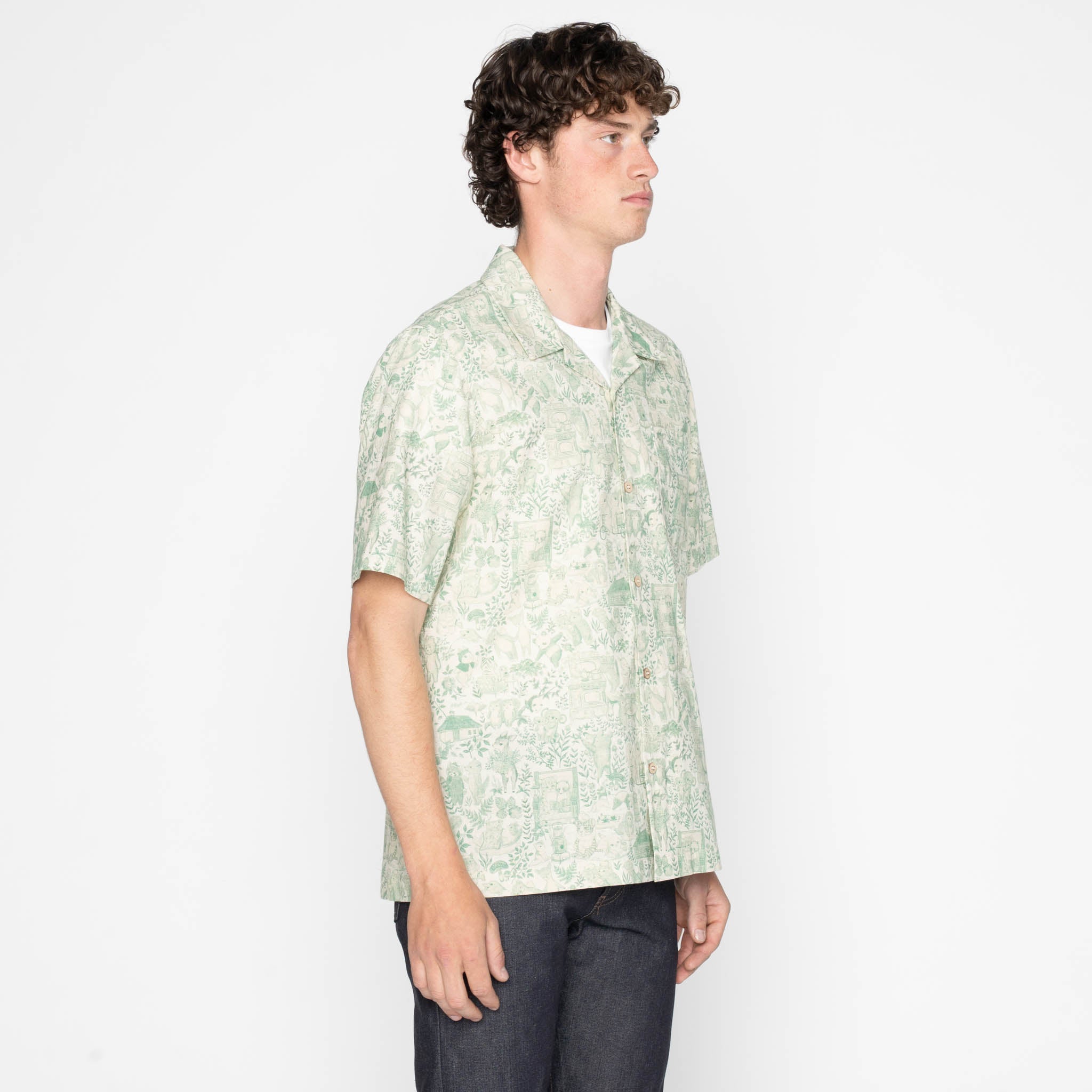 Aloha Shirt - Linen Animals - Green by Naked & Famous Denim