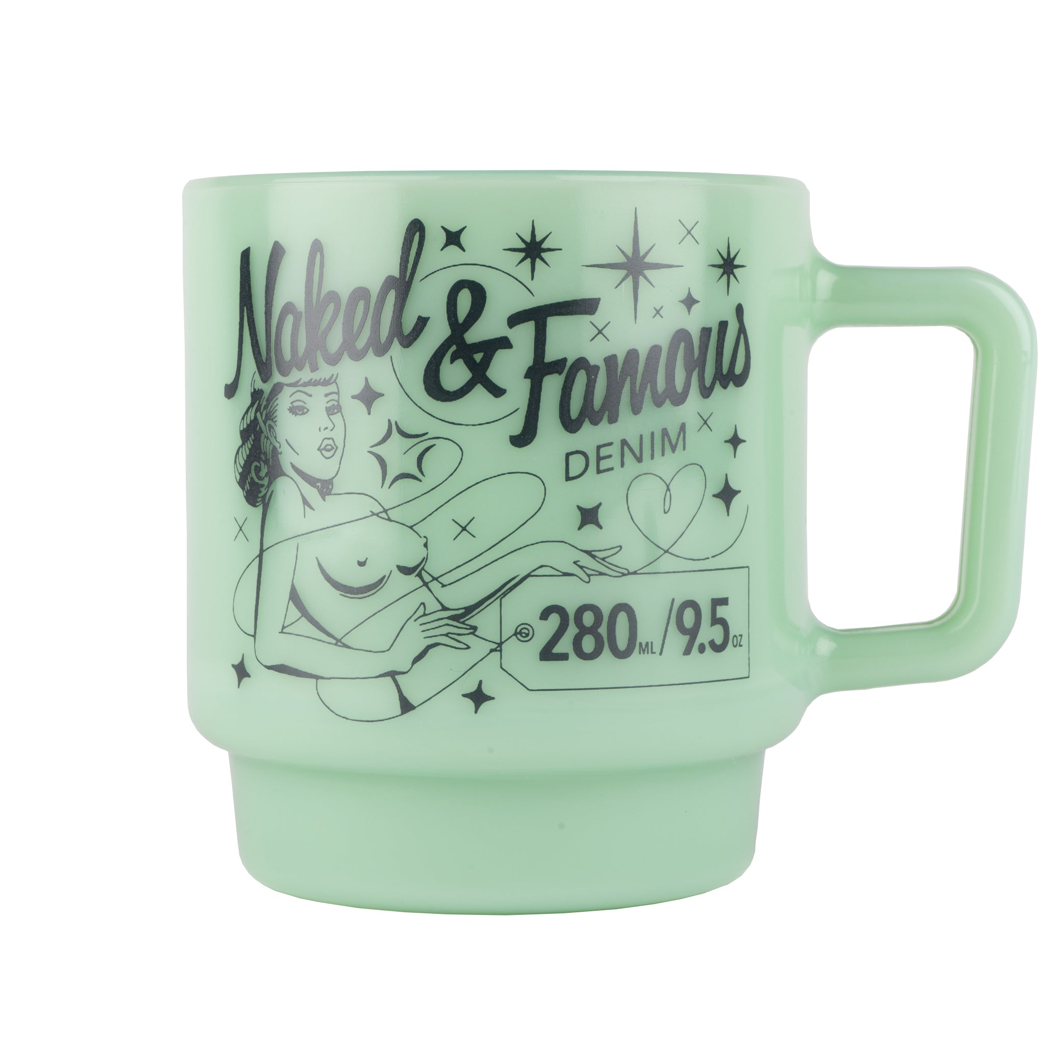 Milk Glass Stackable Mug - Jade with Navy Pinup Logo by Naked & Famous Denim