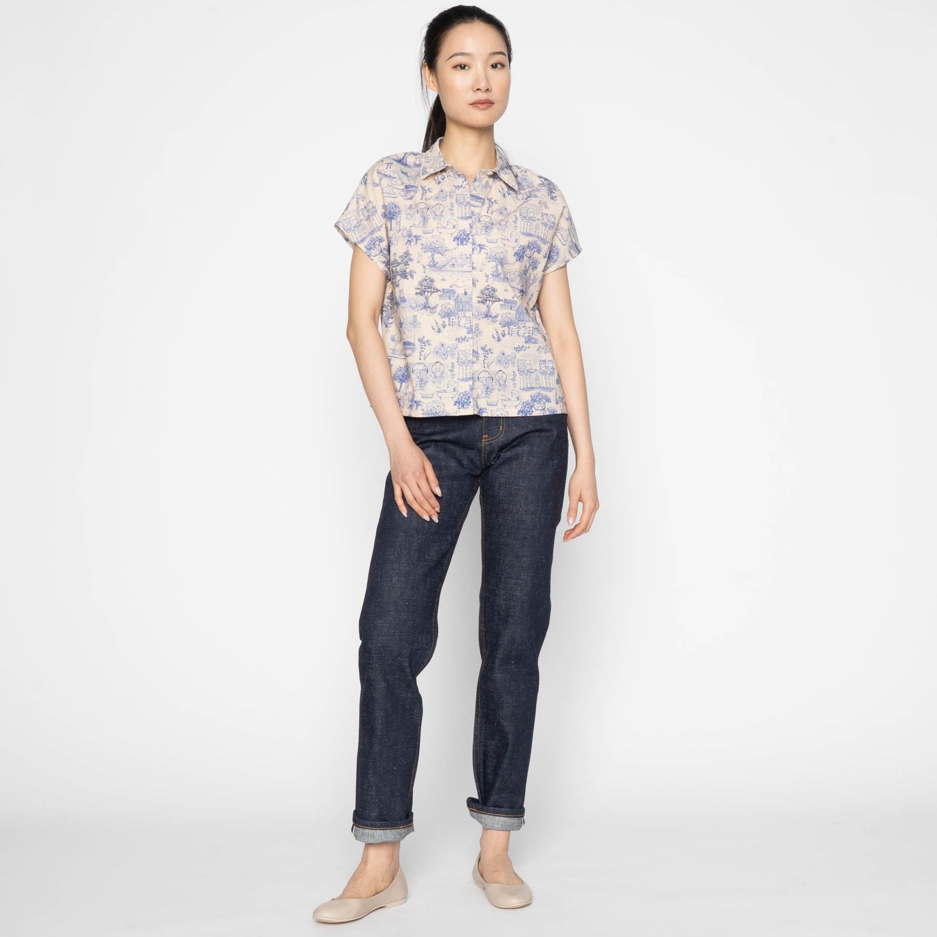 Billie Shirt - Linen Cats - Blue by Naked & Famous Denim