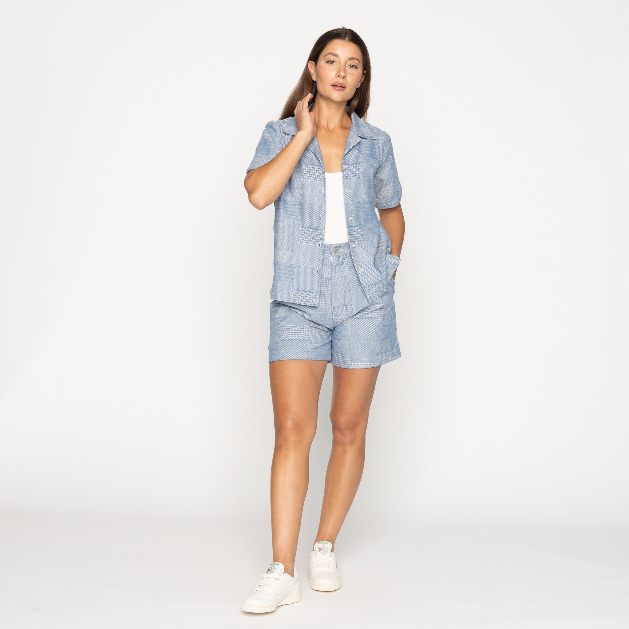 Twin Pleat Short - Dobby Patchwork - Pale Blue by Naked & Famous Denim