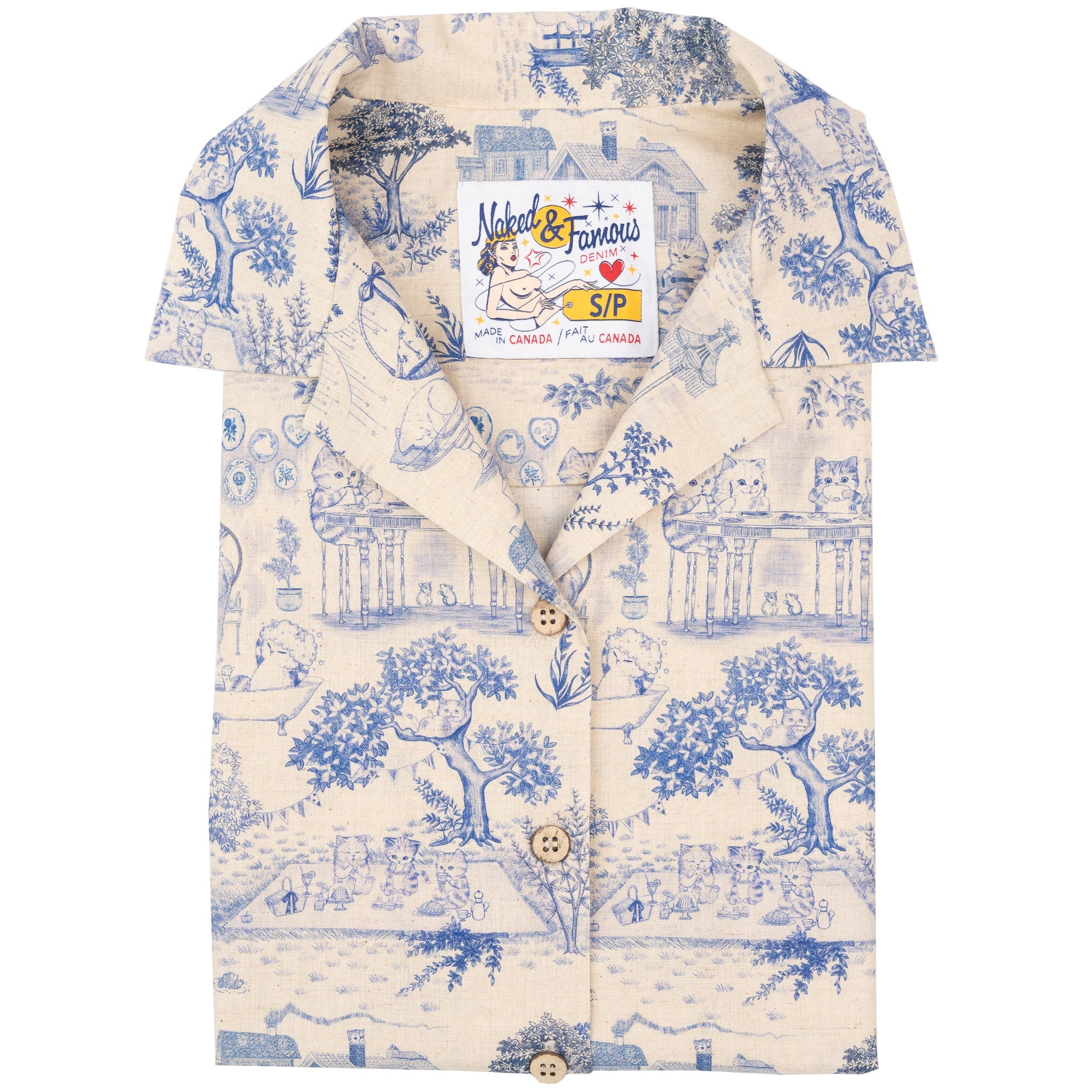 Camp Collar Shirt - Linen Cats - Blue by Naked & Famous Denim