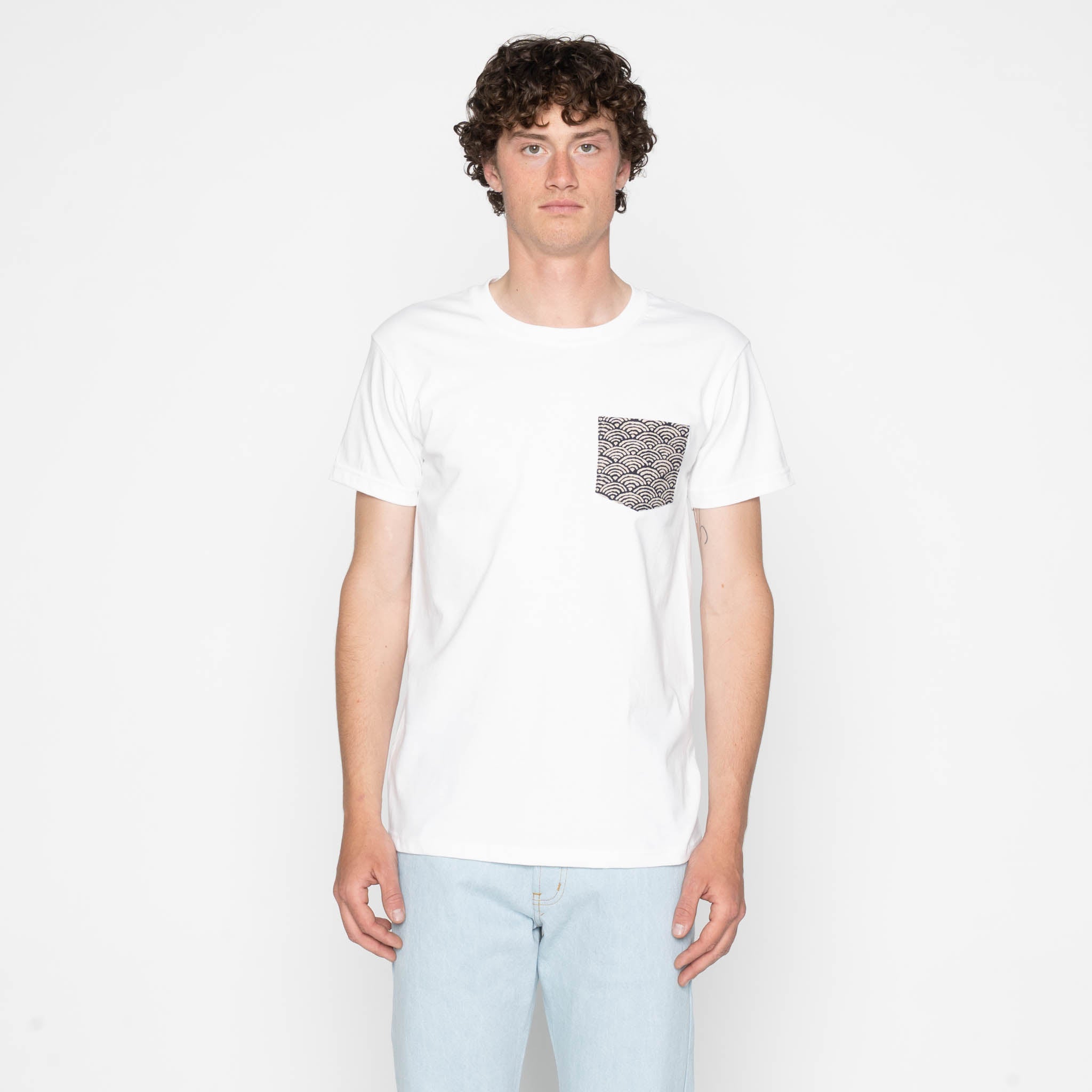 Pocket Tee - White + Seigaiha Waves - Indigo by Naked & Famous Denim
