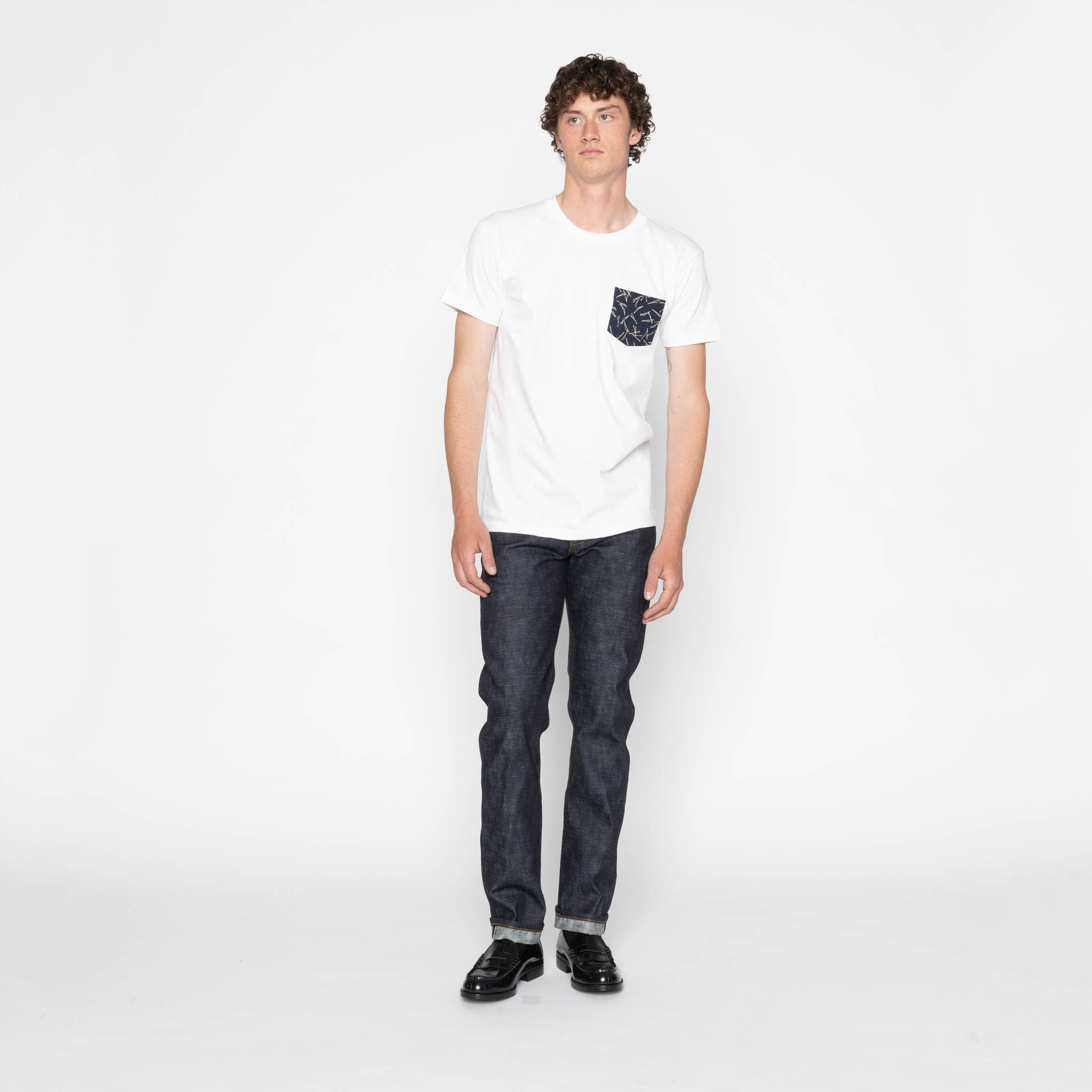 Pocket Tee - White + Matsuba Pines Needle - Indigo by Naked & Famous Denim