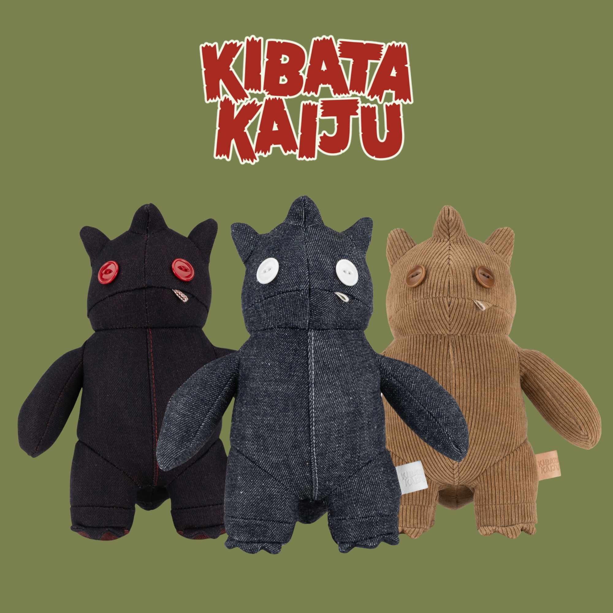 Three plush toys with 'Kibata Kaiju' text on a green background
