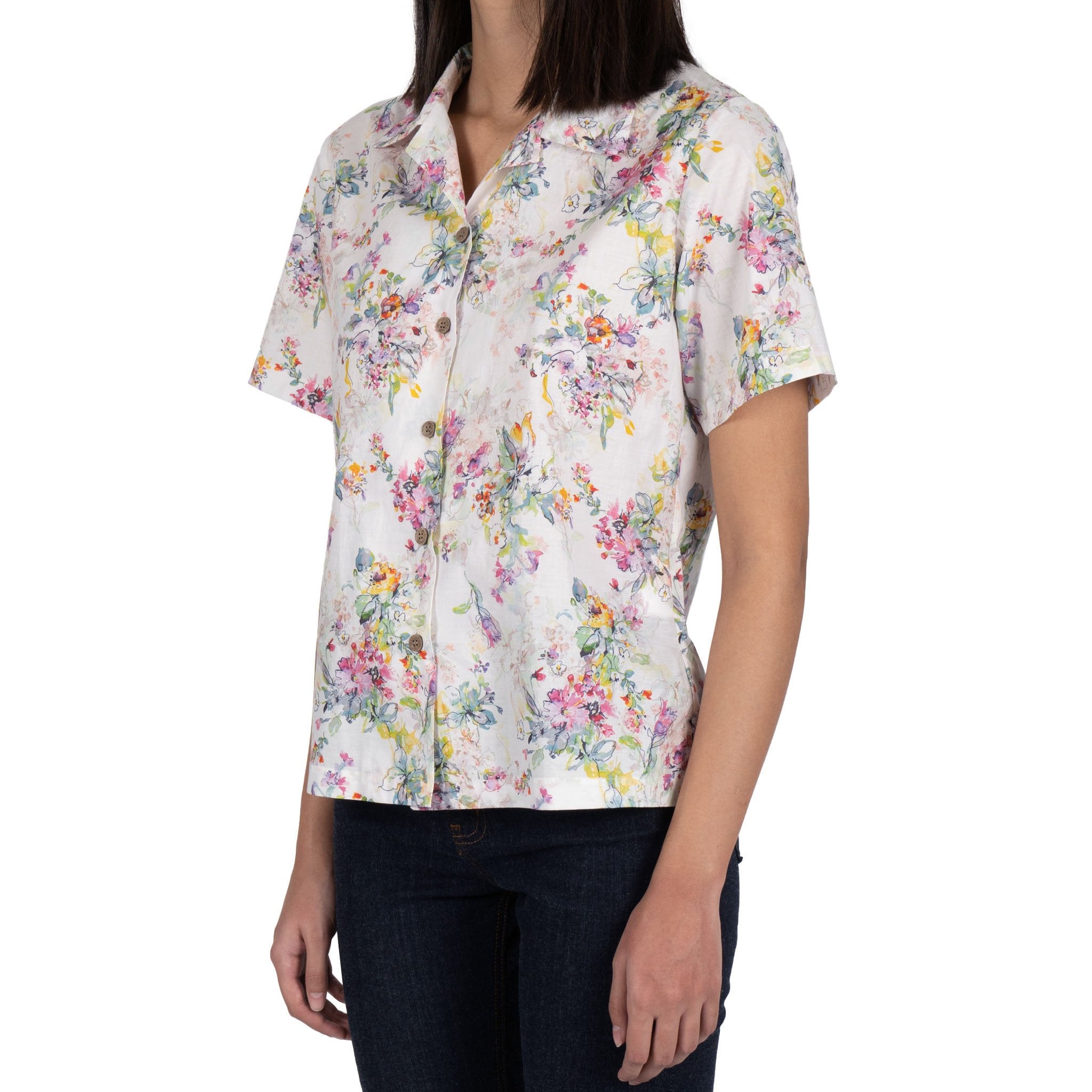 Collar Camp Shirt - Flower Painting - White