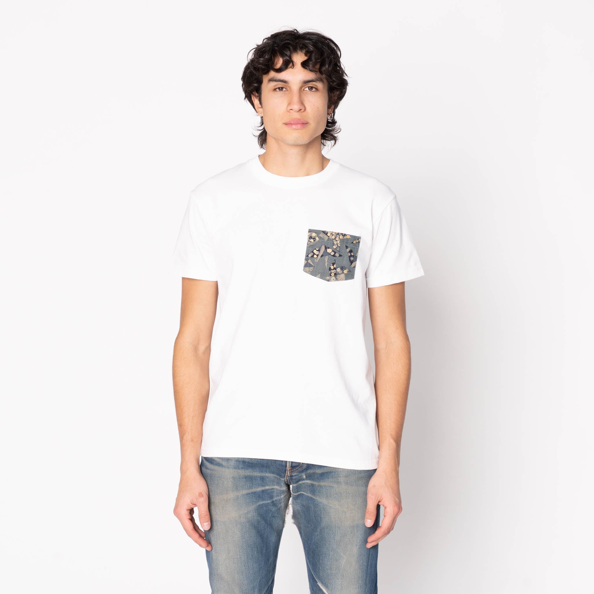 Pocket Tee - White - Origami Poplin - Blue | Naked & Famous Denim