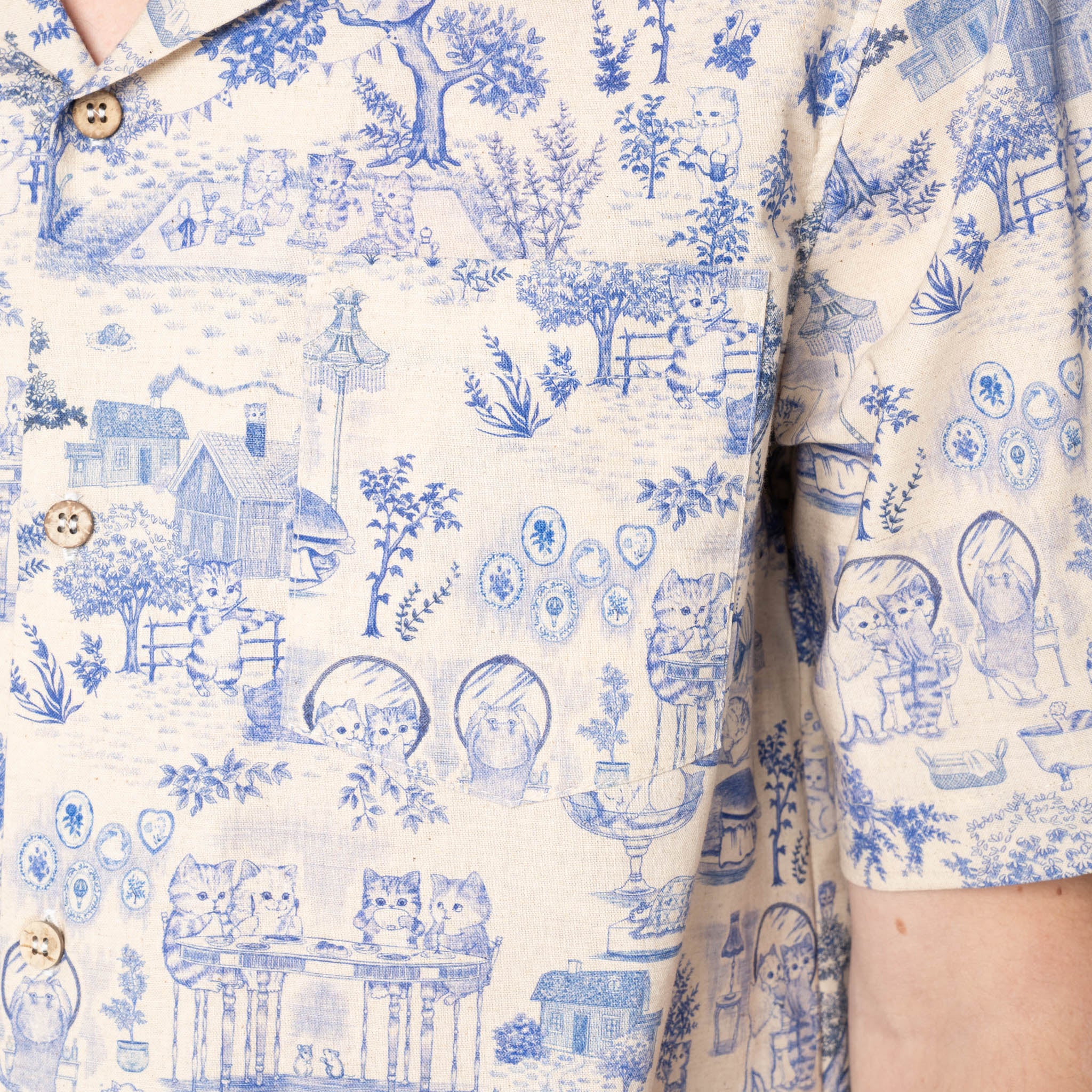 Aloha Shirt - Linen Cats - Blue | Naked & Famous Denim