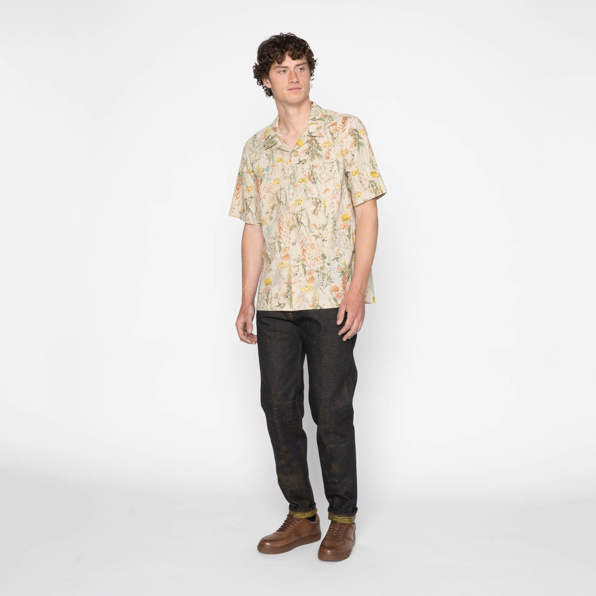 Aloha Shirt - Flowers Painting - Natural by Naked & Famous Denim