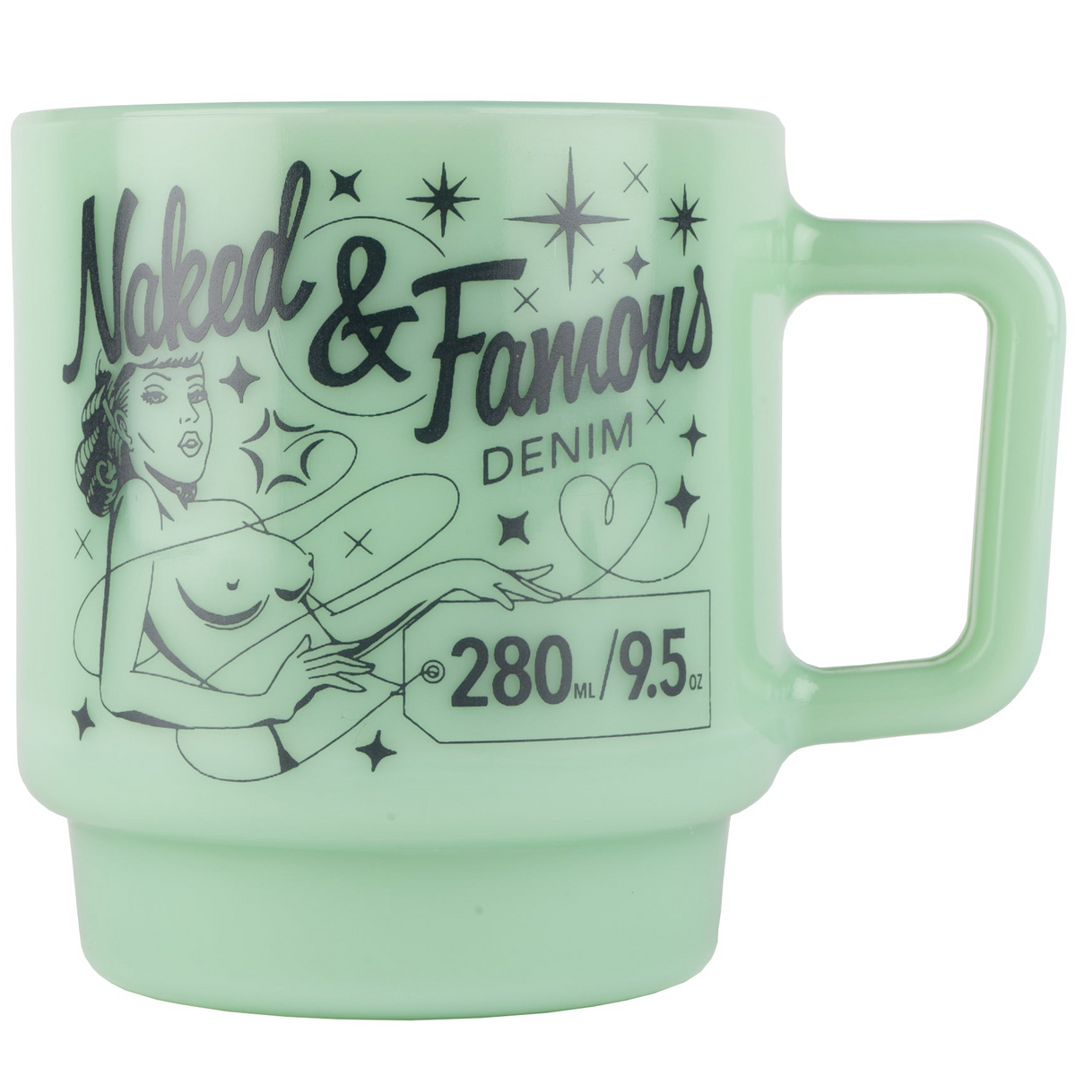 Milk Glass Stackable Mug - Jade with Navy Pinup Logo | Naked