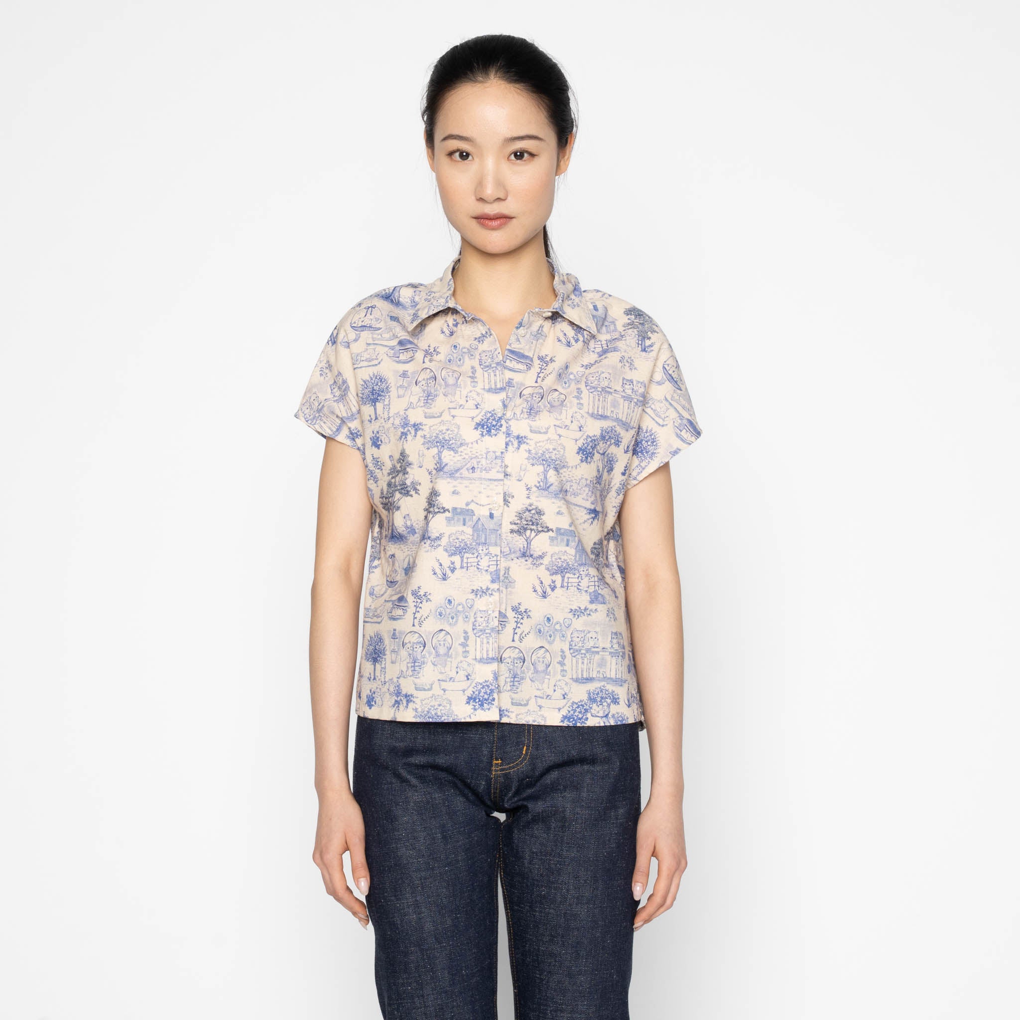 Billie - Linen Cats - Blue by Naked & Famous Denim