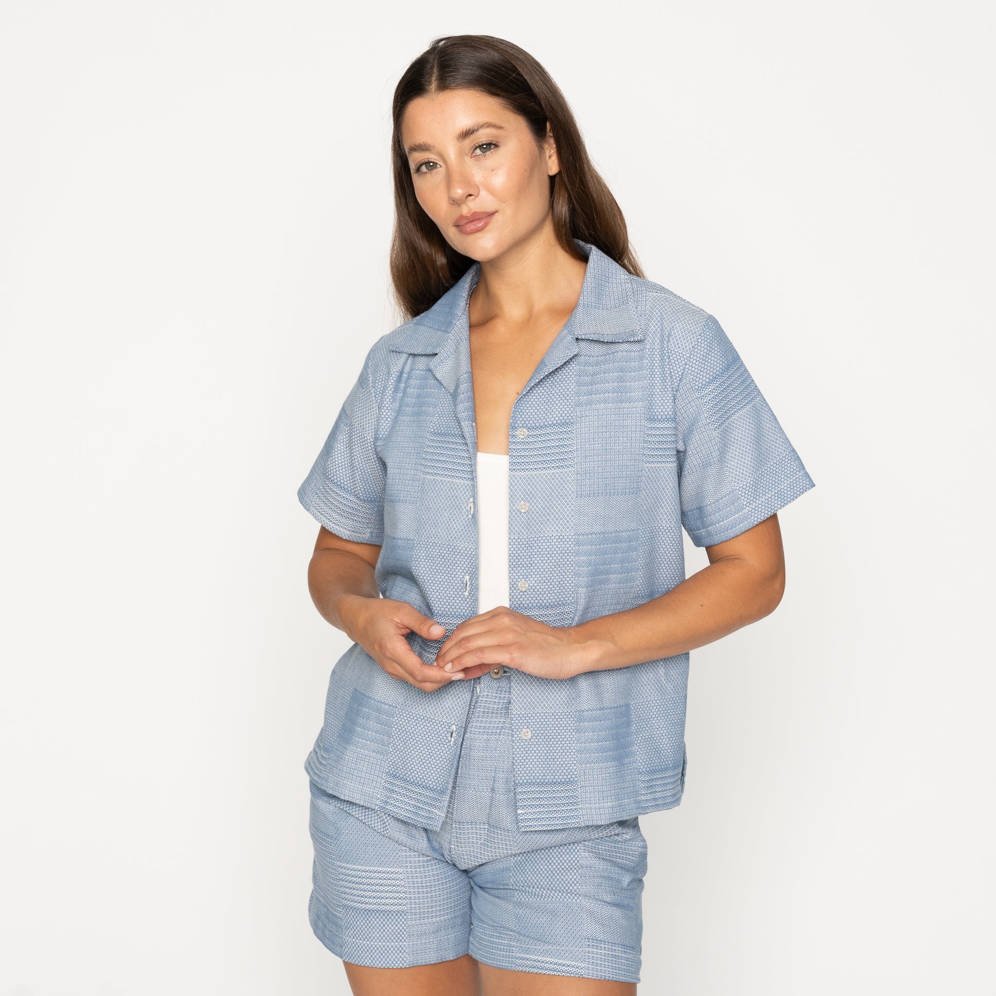 Camp Collar Shirt - Dobby Patchwork - Pale Blue