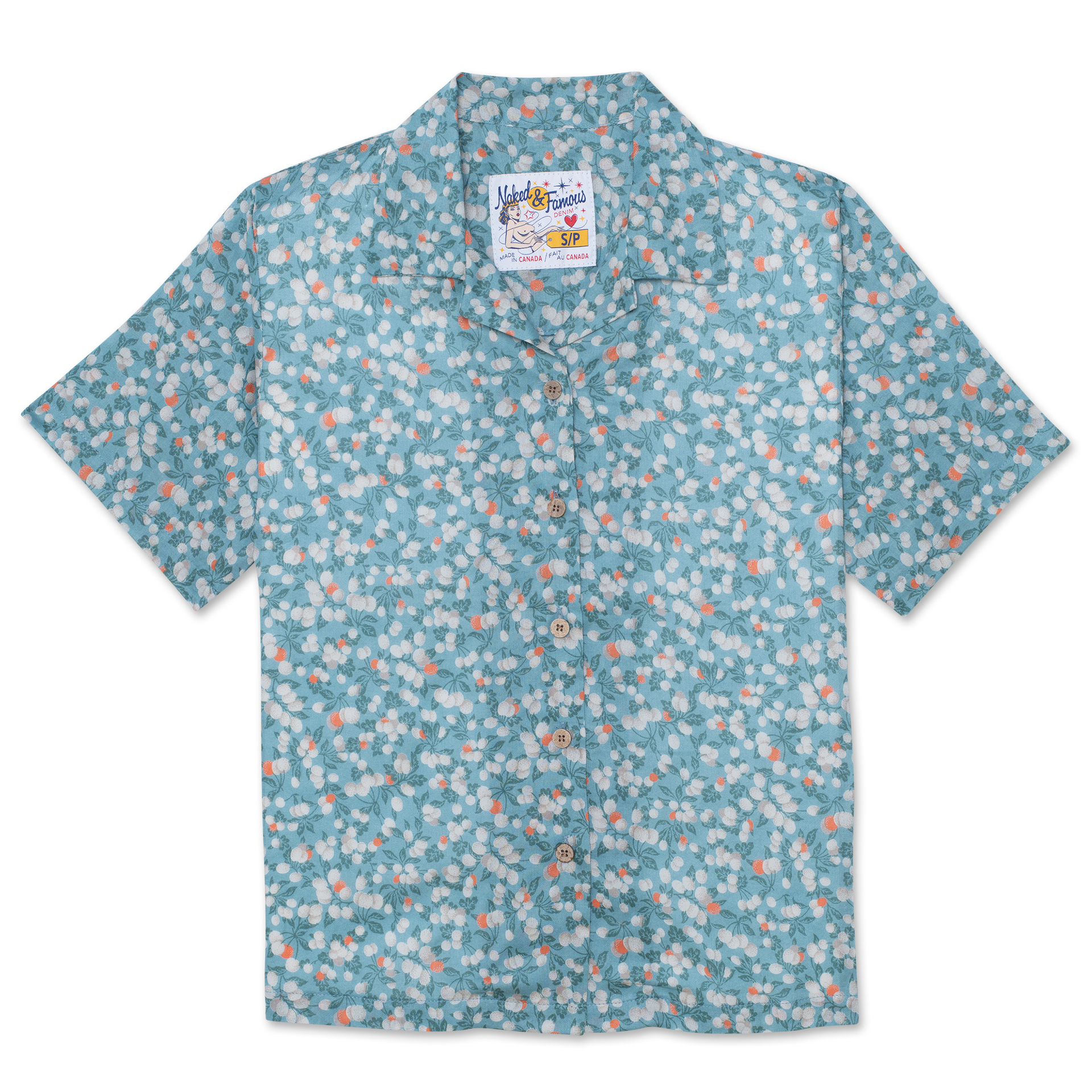 トップス 60s FruitoftheLoom CottonShirt TabCollar Camp Collar Shirt - Fruit Print - Cyan | Naked & Famous Denim