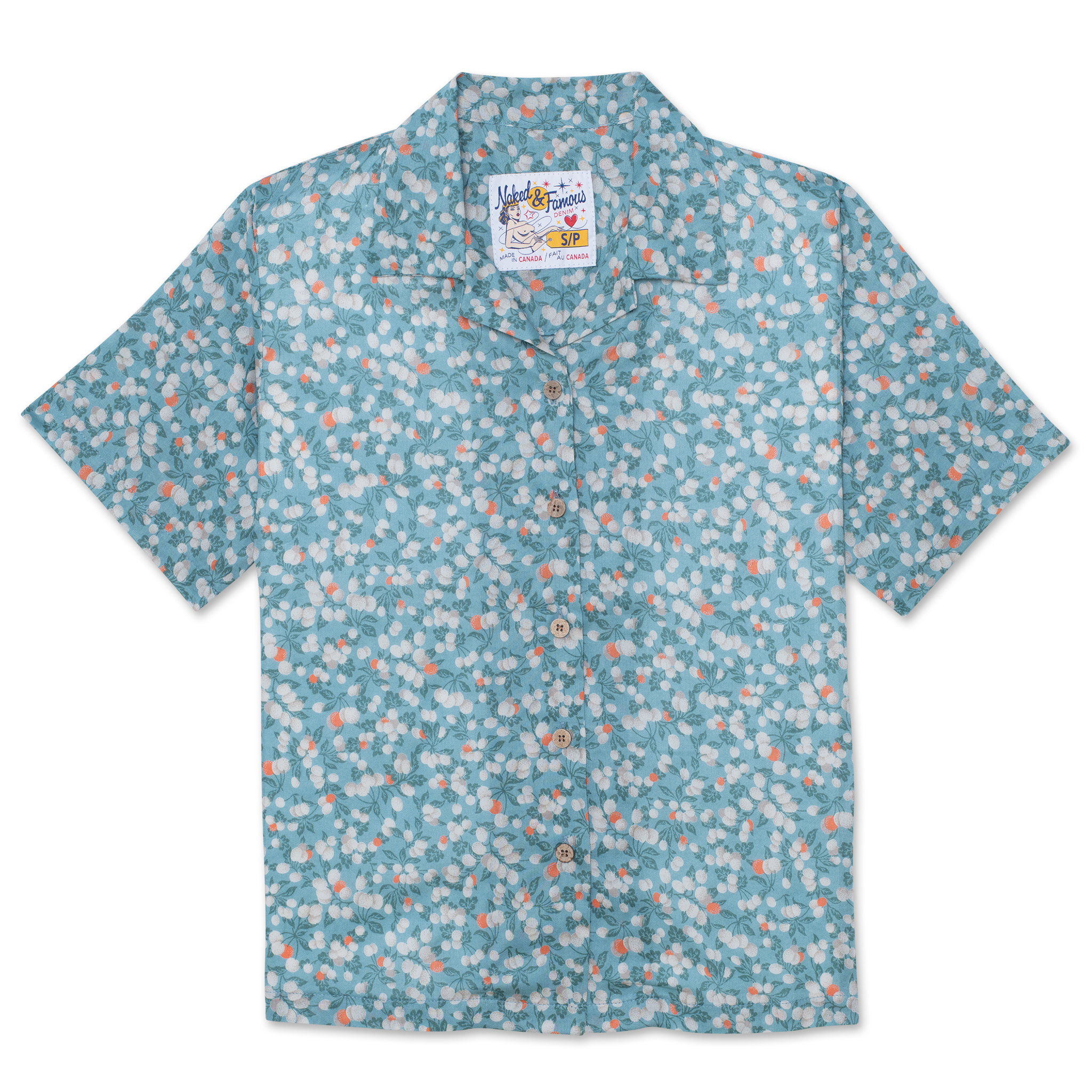 Camp Collar Shirt - Fruit Print - Cyan by Naked & Famous Denim