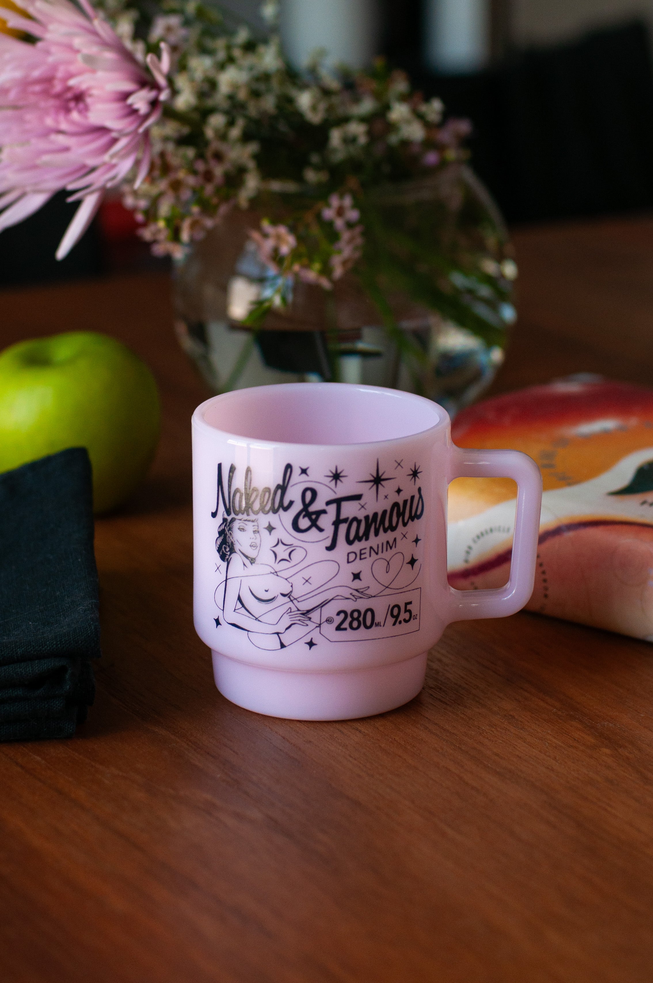 Milk Glass Stackable Mug - Pink With Navy Print by Naked & Famous Denim