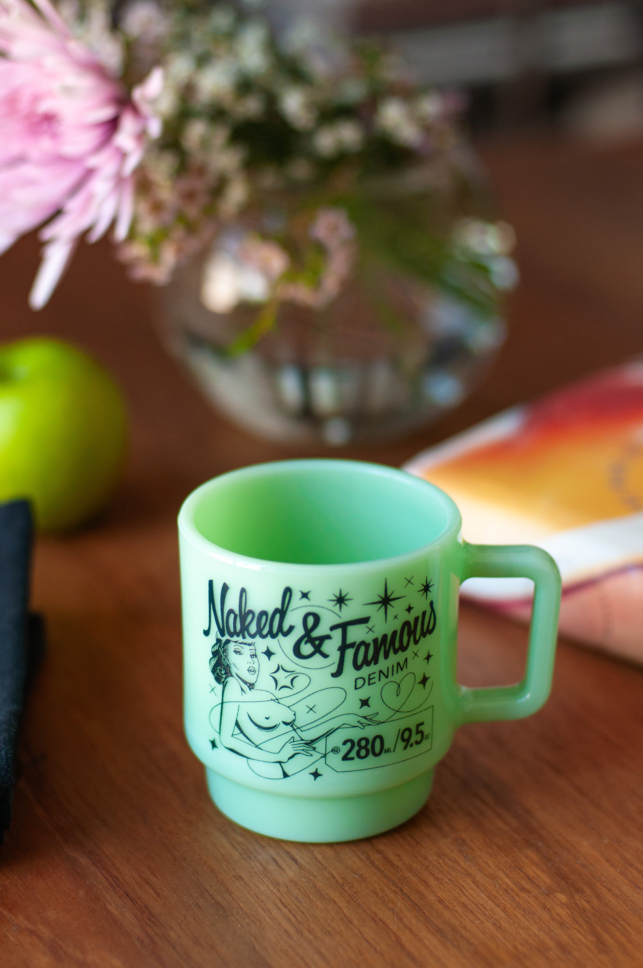Milk Glass Stackable Mug - Jade with Navy Print by Naked & Famous Denim