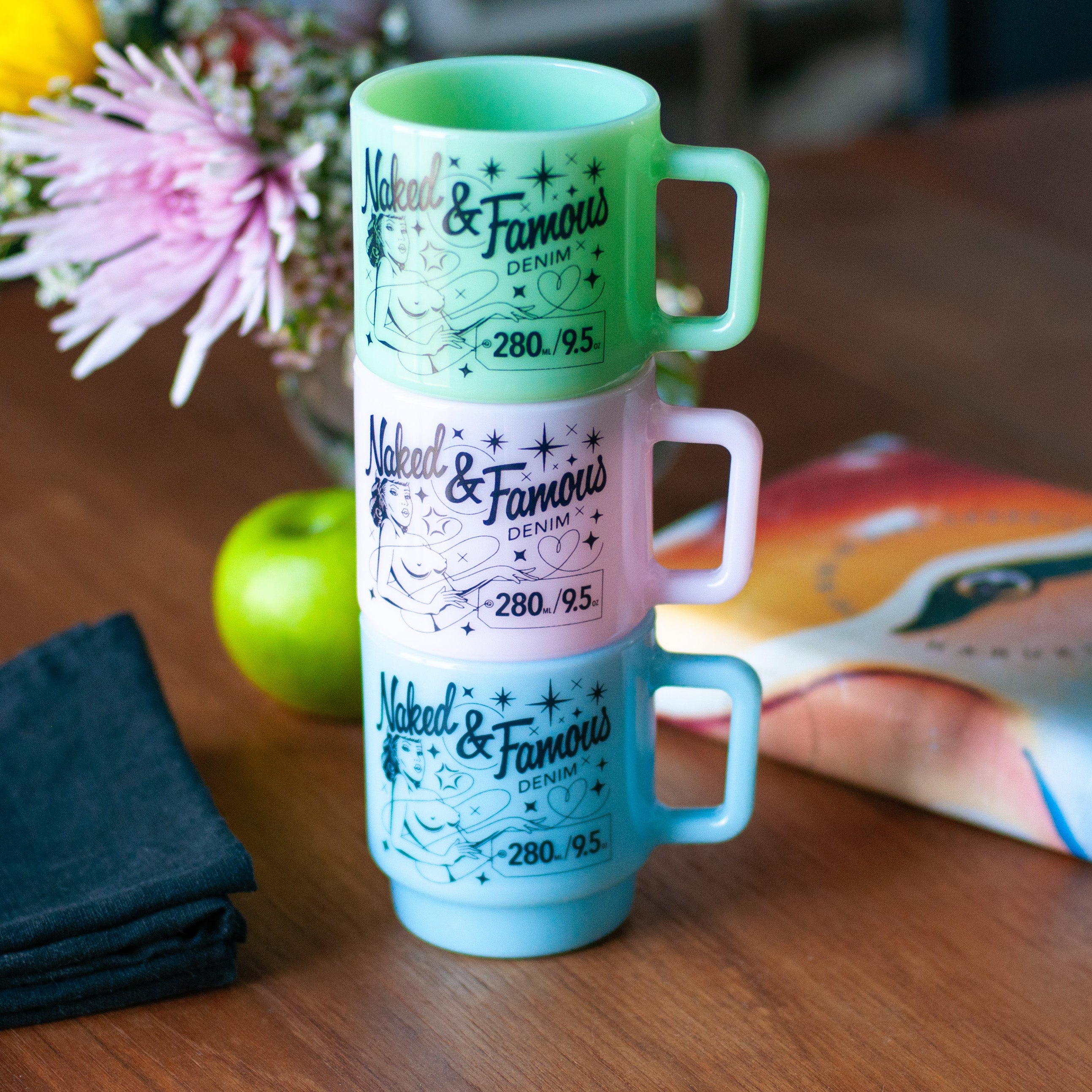 Milk Glass Stackable Mug - Jade with Navy Pinup Logo | Naked