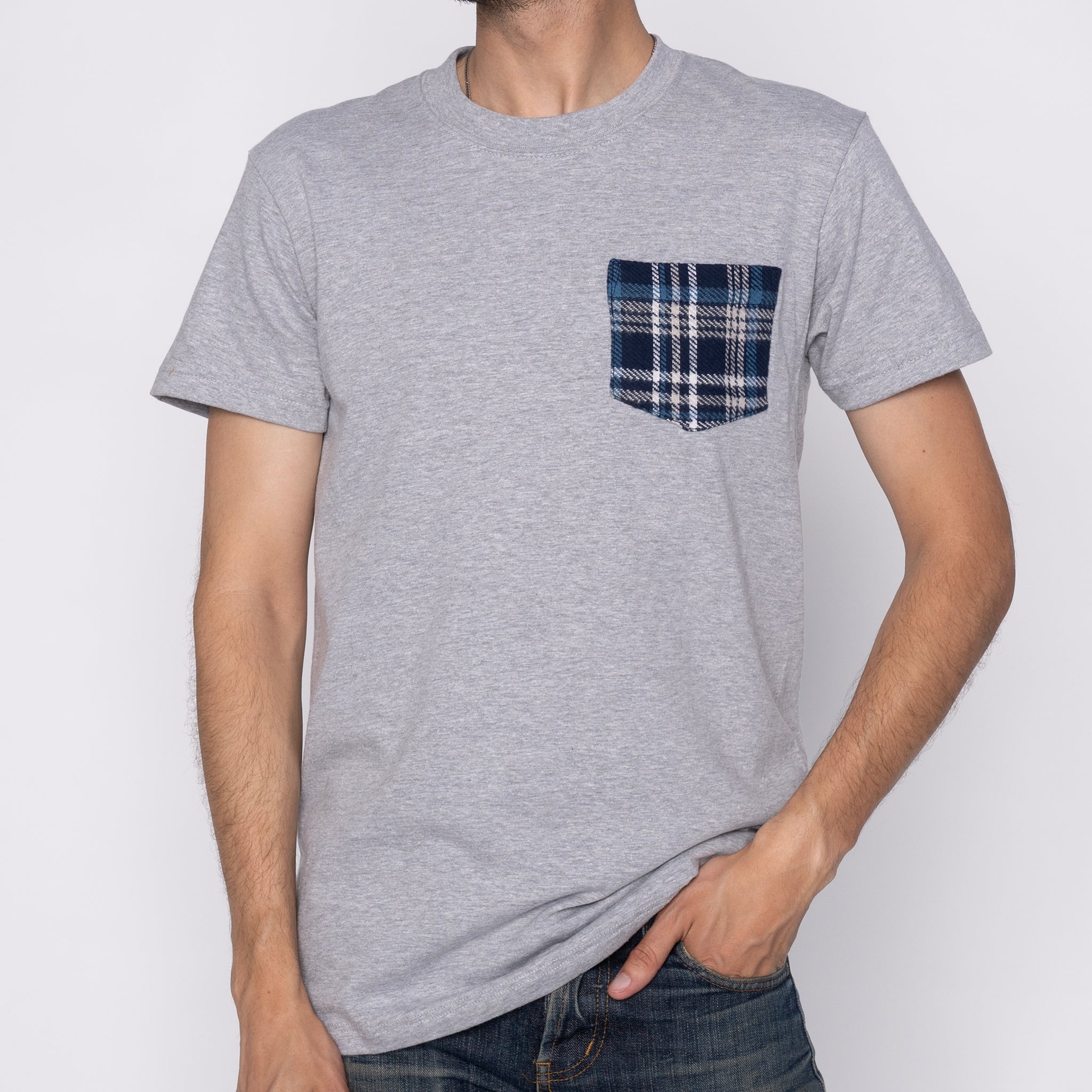 Pocket Tee - Heather Grey + Triple Yarn Twill Check Brush - Navy | Naked & Famous Denim