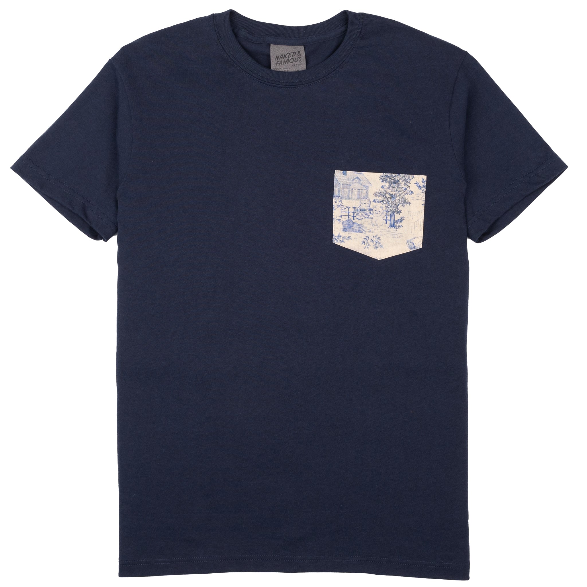 Pocket Tee - Navy - Linen Cats - Blue |Naked & Famous Denim