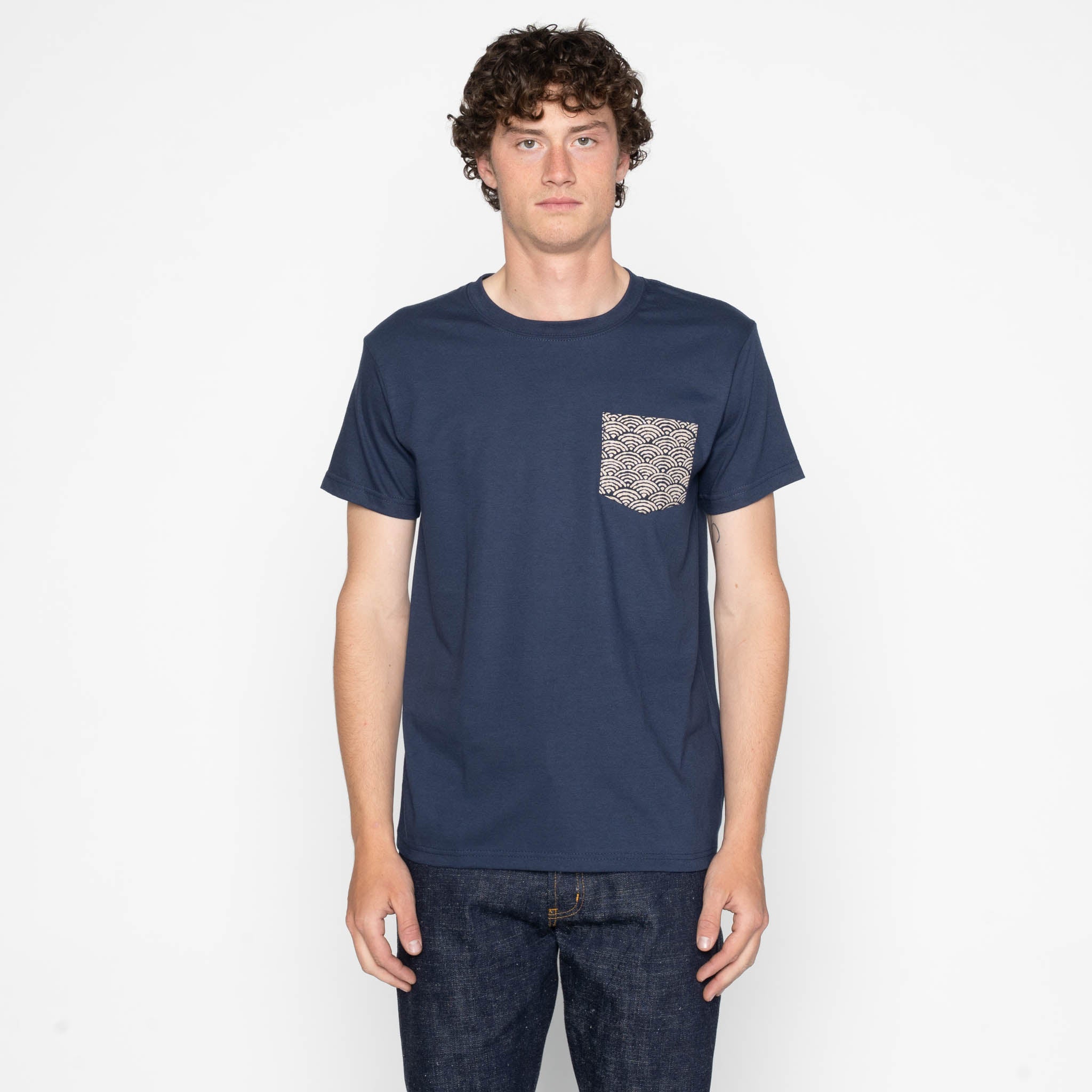 byejeremy tシャツ　ネイビー　punkandyo Pocket Tee - Navy + Seigaiha Waves - Indigo | Naked & Famous Denim