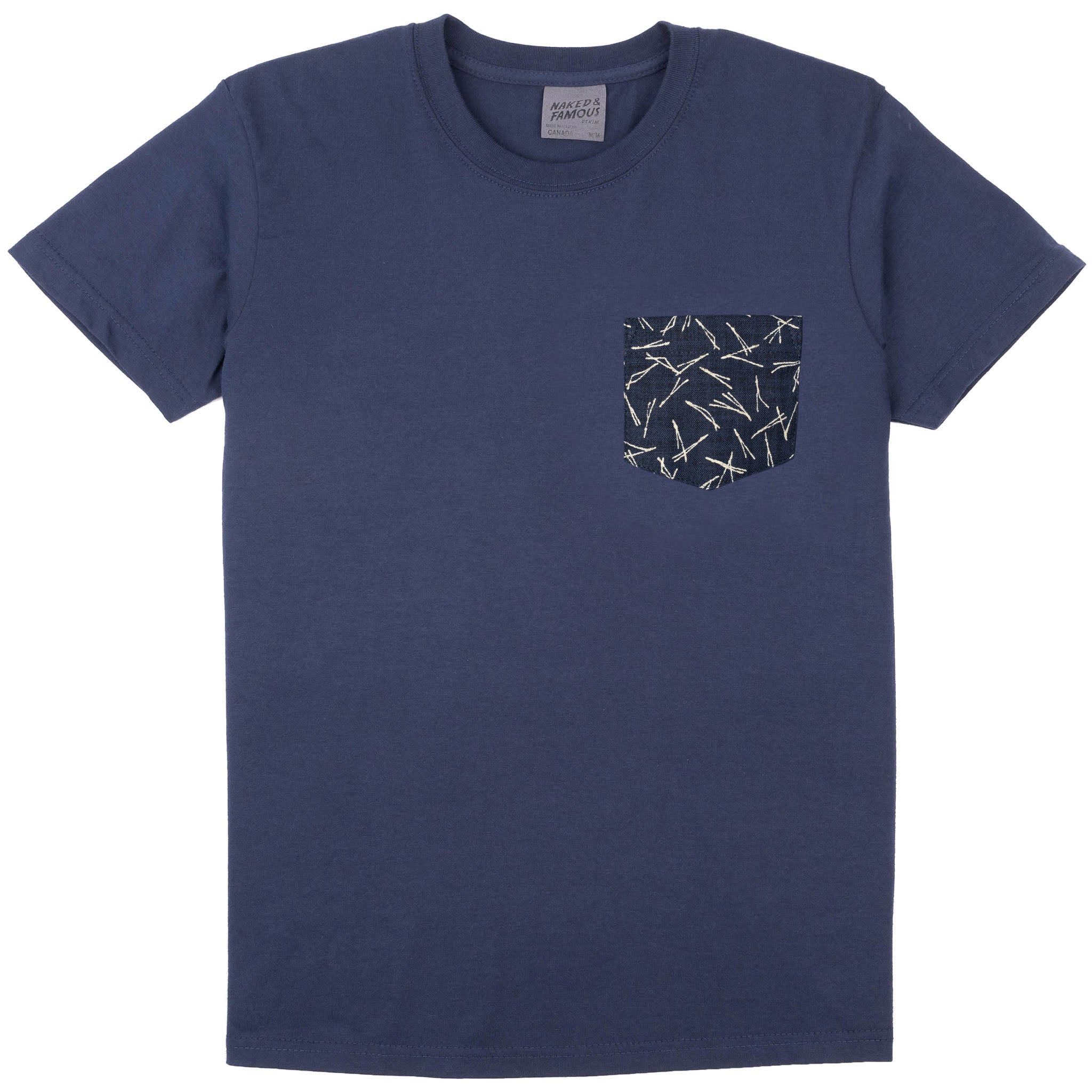 ★新品未使用★ everyone pocket tee shirt BLUE Pocket Tee - Navy - Linen Cats - Blue |Naked & Famous Denim