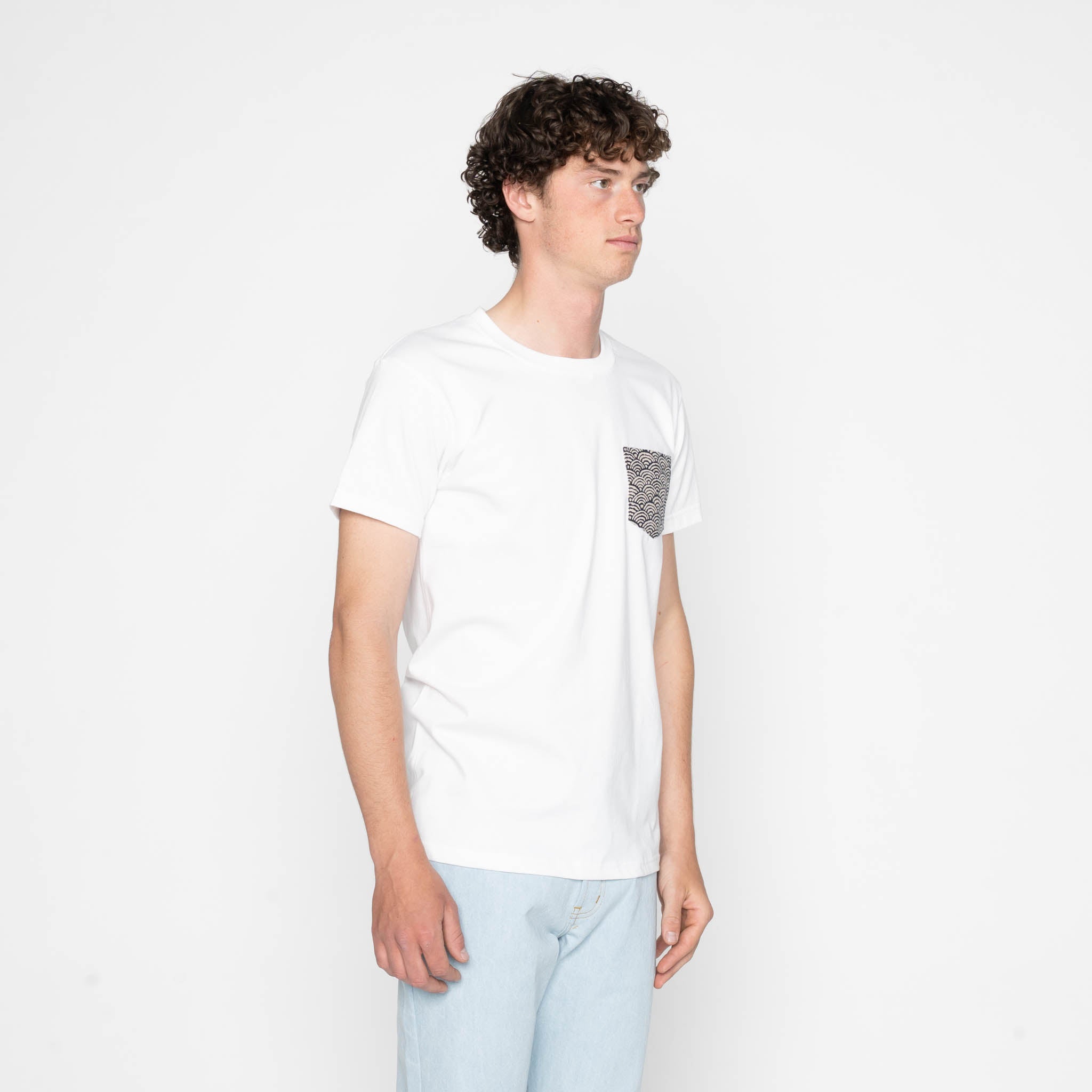 Pocket Tee - White + Seigaiha Waves - Indigo