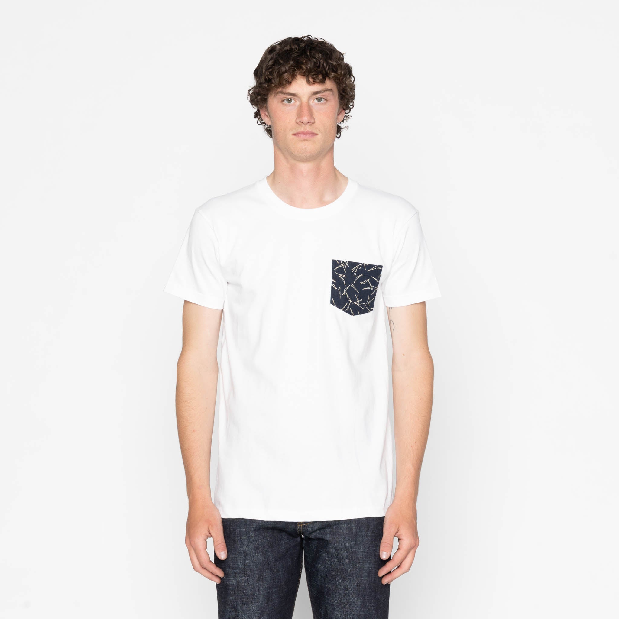 Pocket Tee - White - Origami Poplin - Blue | Naked & Famous Denim