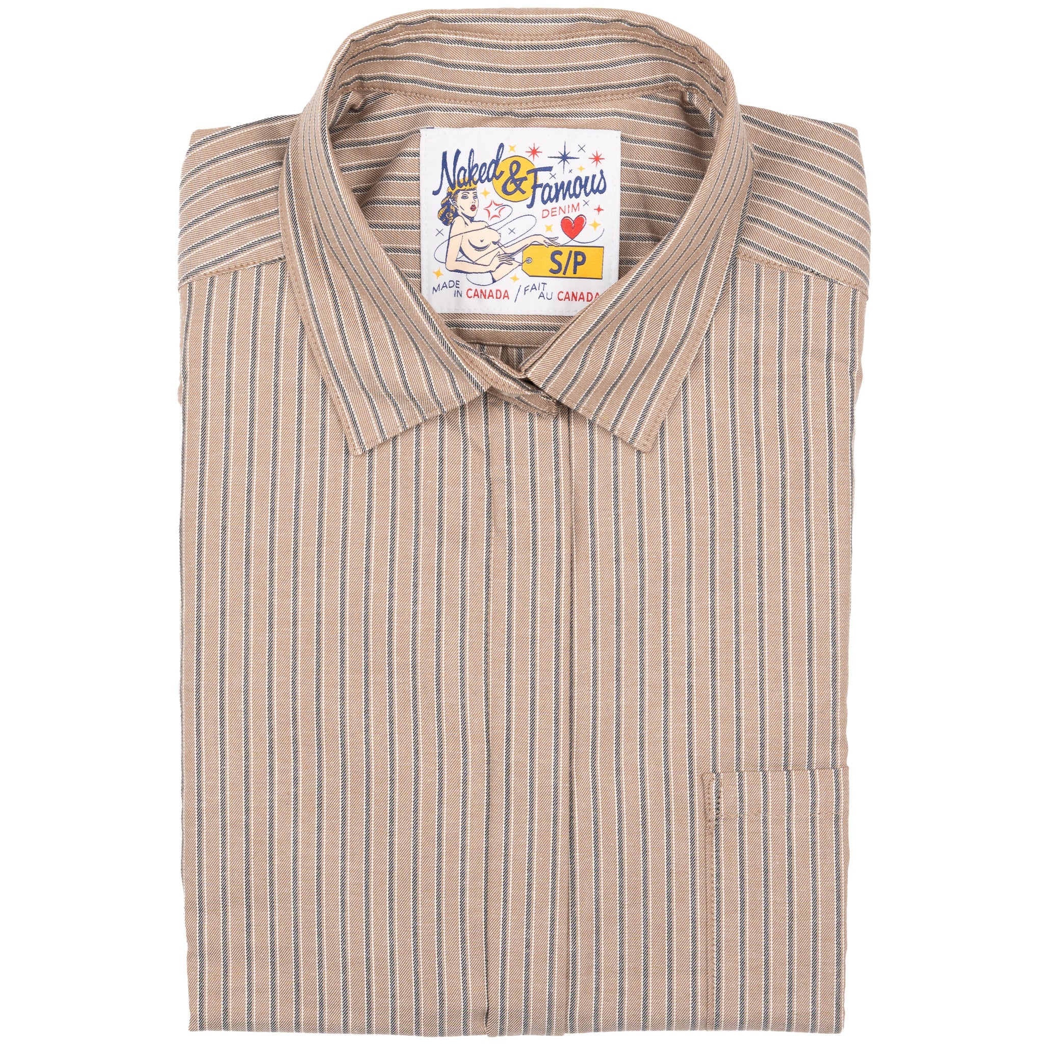 【PRY】Vertical T-shirt 【Nudy Taupe】 Roomy Shirt - Soft Finish Classic Stripe - Taupe | Naked & Famous
